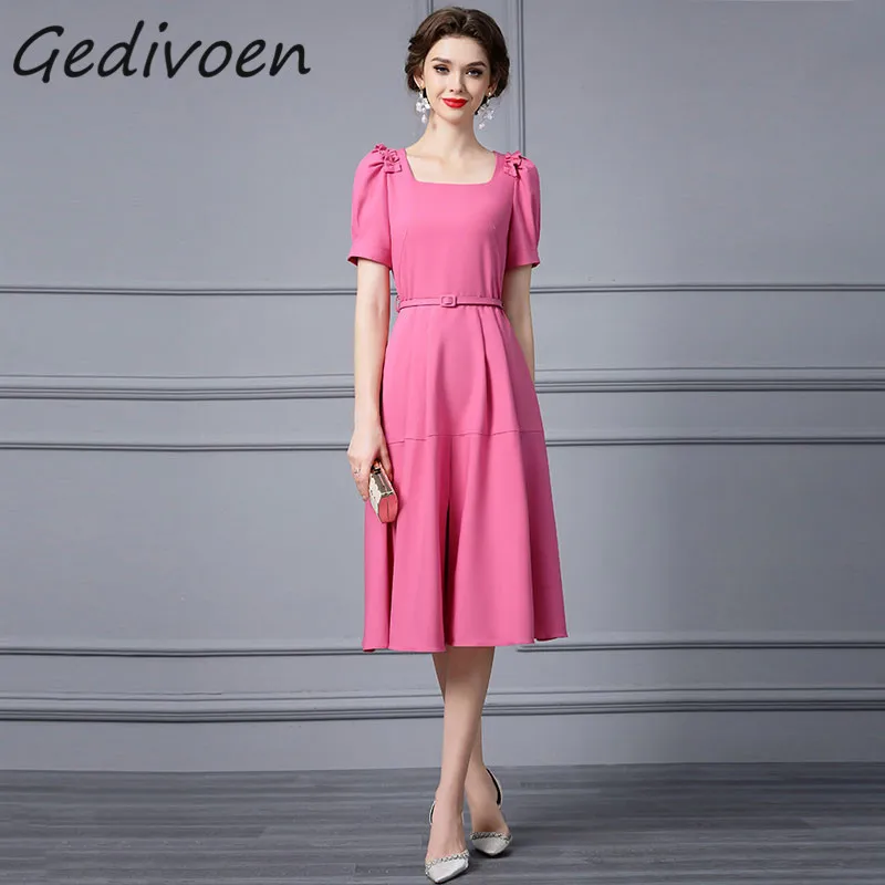 

Gedivoen Summer Fashion Runway Elegant Temperament Dress Women Puff Sleeve Ruffles Splicing High Waist Frenulum Slit Midi Dress