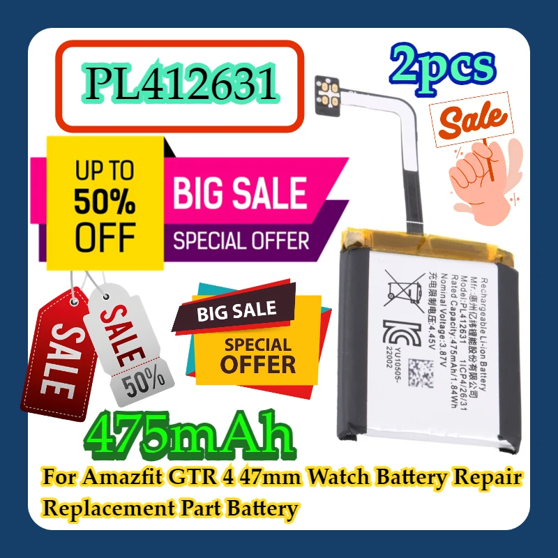 

2 шт. для Amazfit GTR 4 47 мм, ремонт аккумулятора для часов, запасная часть XDOU, 475 мАч, аккумулятор PL412631