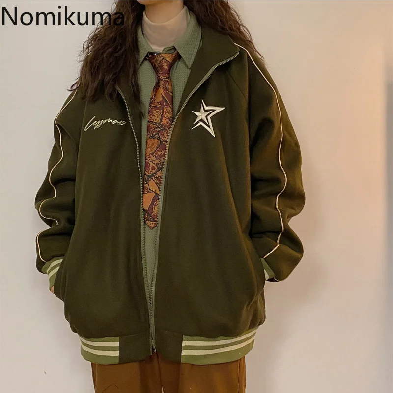 

Nomikuma Jackets for Women 2022 Star Letter Embroidery Stand Neck Thick Warm Chaqueta Retro Harajuku Street Fashion Veste Femme