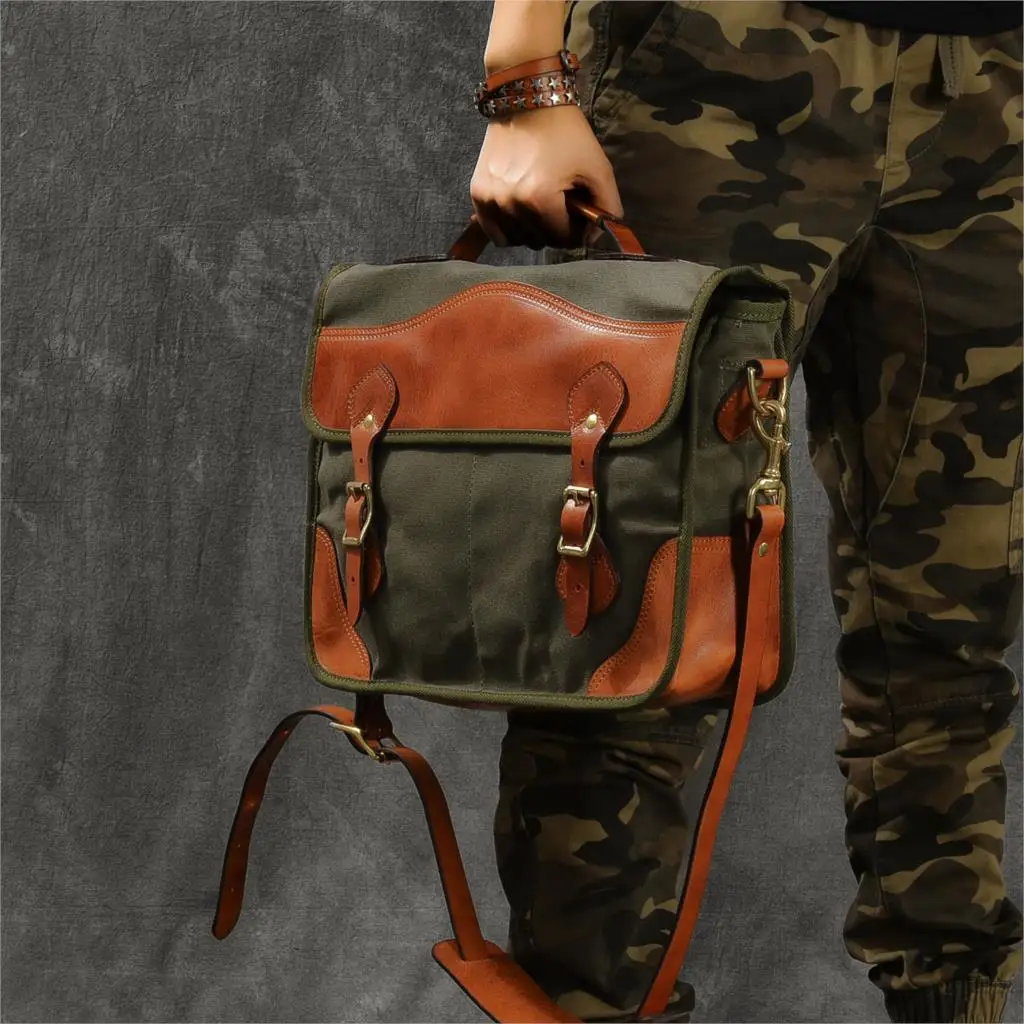 Oil wax canvas stitching vegetable tanned leather Art retro messenger bag men fashion slung handbag