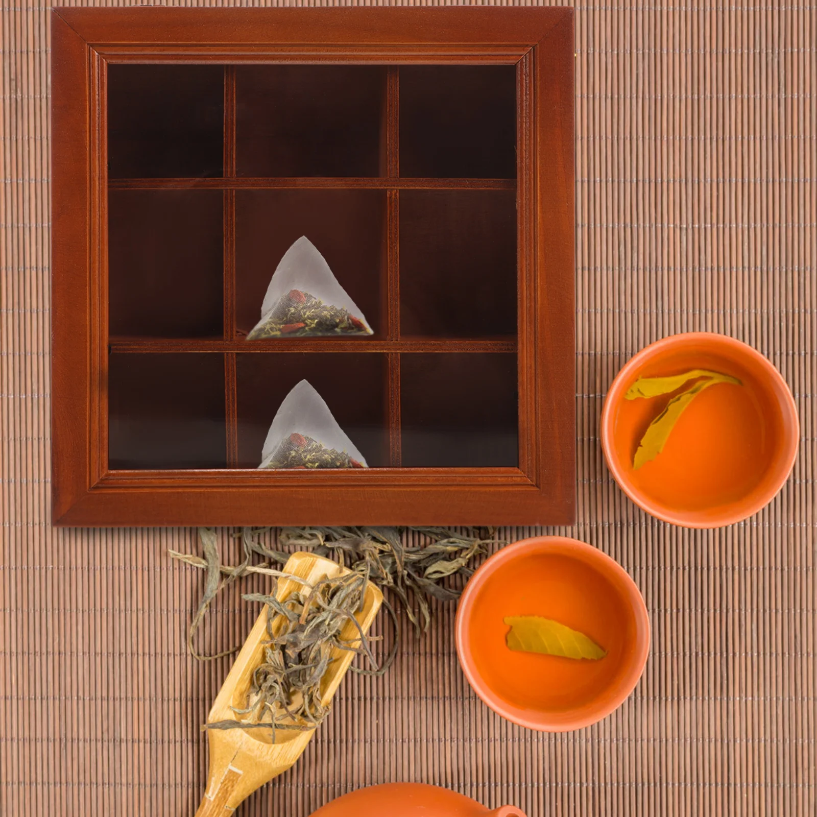 

9-Grid Tea Bag Organizer Box Transparent Acrylic Storage Wood Material Counter Coffee Station Sugar Packet Holder Tea Bag Case