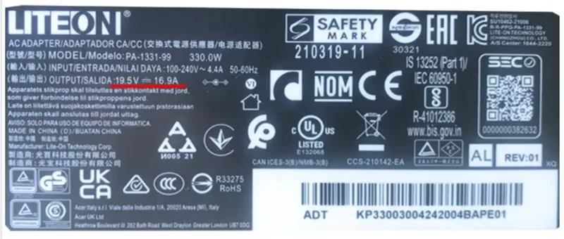 Genuíno Liteon PA-1331-99 19.5V 16.9A 330W Adaptador AC para Acer Predator Helios Neo 16 PHN16-71-50JG Gaming Laptop fonte de alimentação