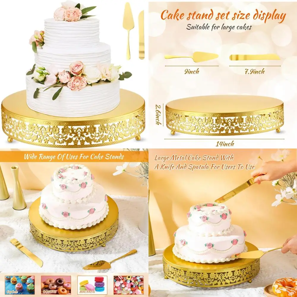 

14 Inch Gold Metal Round Cake Stand Set with Cupcake Holder, Cutting & Serving Tools for Party Dessert Displays