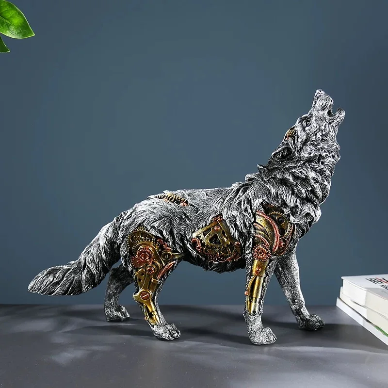 

Creativity Resin Wolf Machine Sculpture Crafts Furnishings Simulation Animal Modern Home Desktop Decoration Figurine Accessories