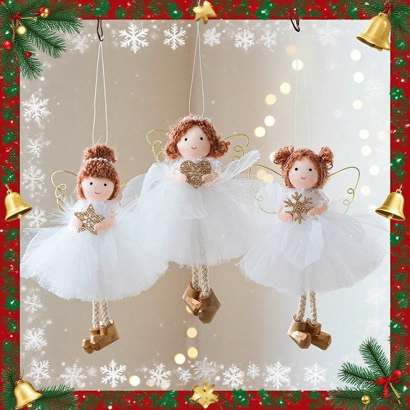 

2025 Golden Wings Angel Christmas Ornament with White Tulle Dress Angel for Xmas Tree Decoration Home Party Hanging Decor Gift