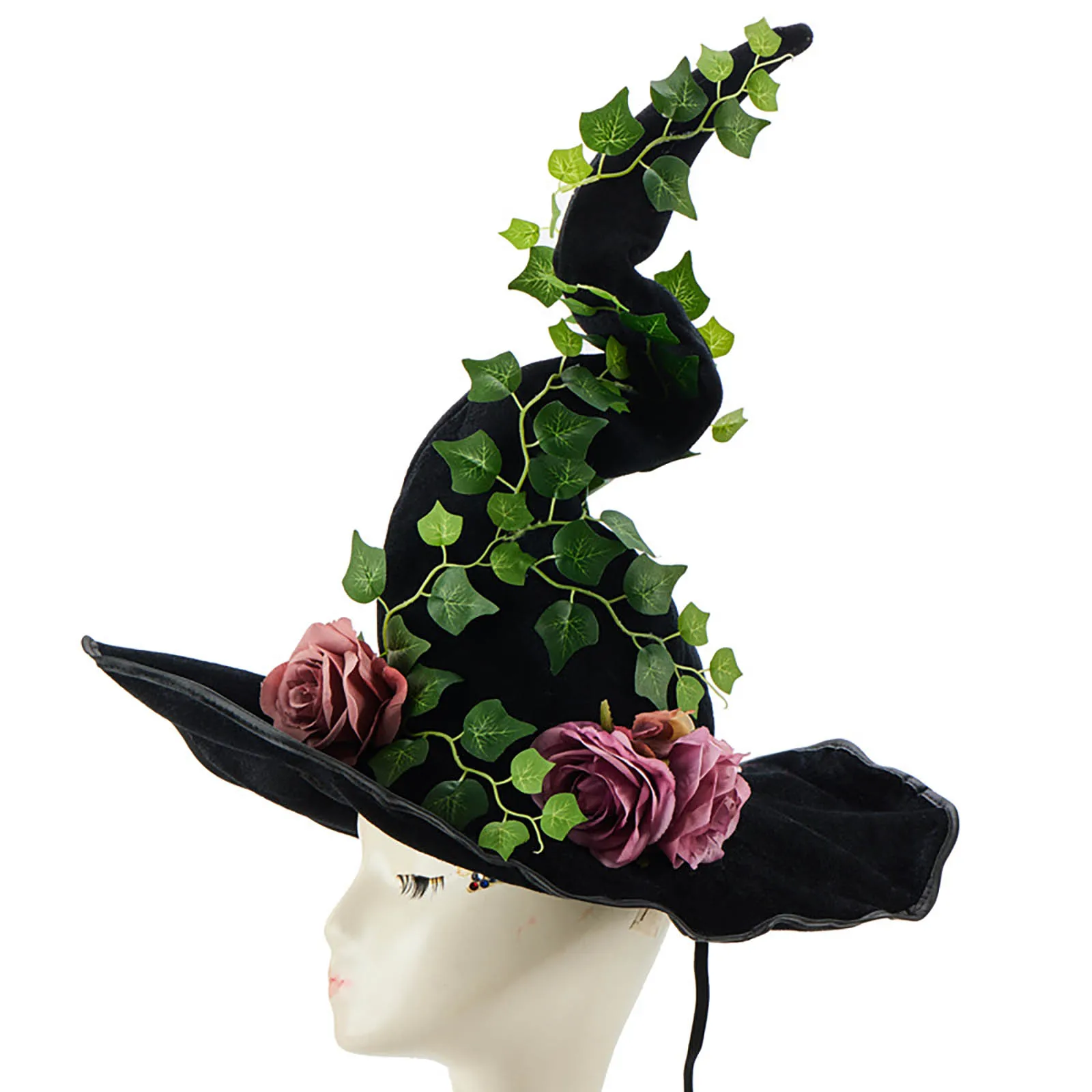 

Womens Folds Witch Wizard Black Hat Adult Flower Leaf Velvet Witch Hat Party Show Stage Costume Headgear Devil Cap Fancy Props