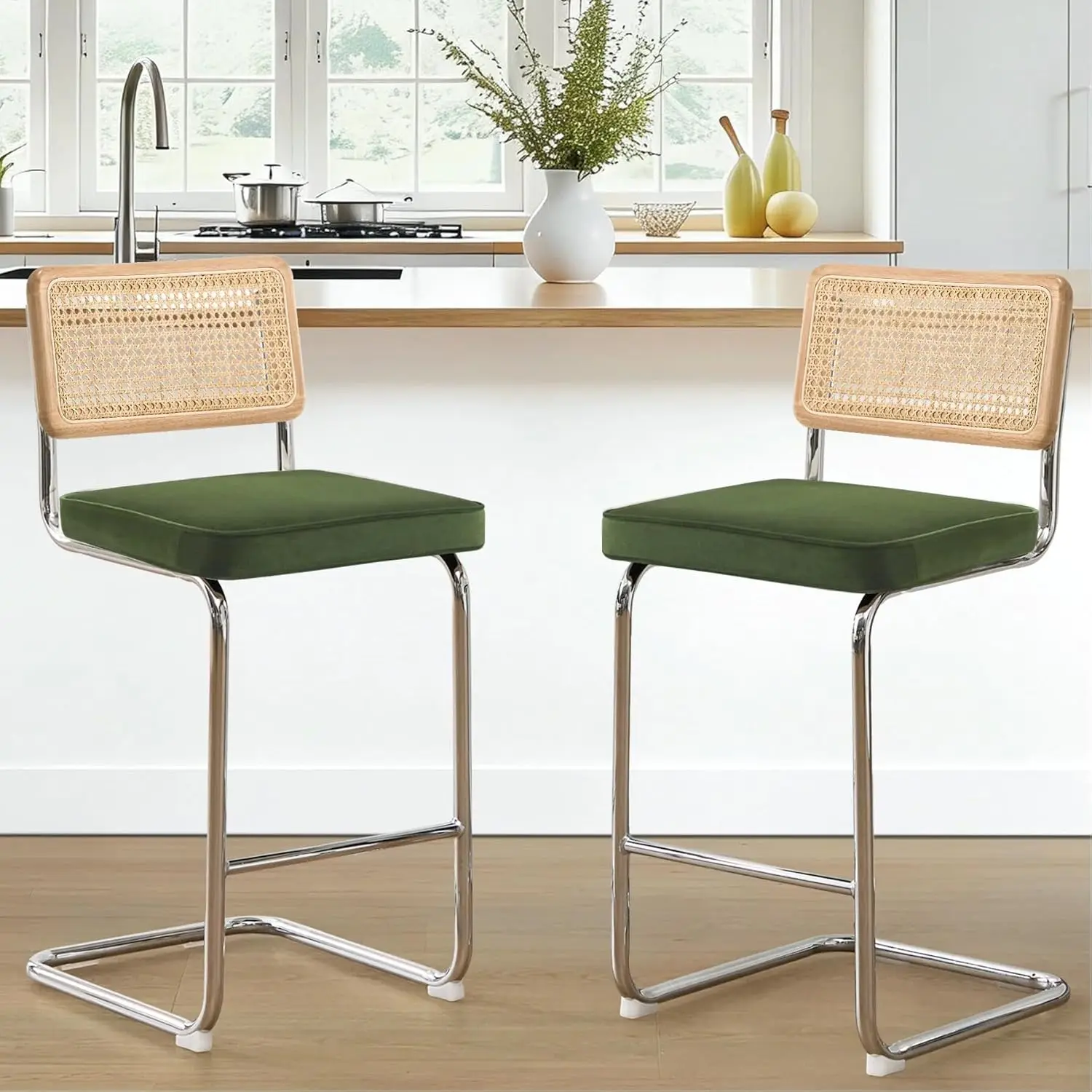 

Modern Boho Rattan Bar Stools Set of 2, 26'' Counter Height with Wood Back and Velvet Cushion, Green Kitchen Island Chairs