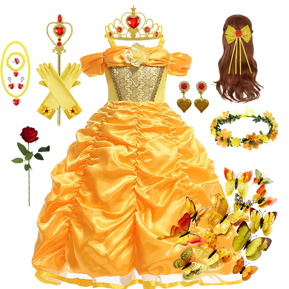 Belle Princess Cosplay Costume Kids Yellow Sleeveless Flower Long Gown Children Beauty and the Beast Fancy Disguise Party  Set