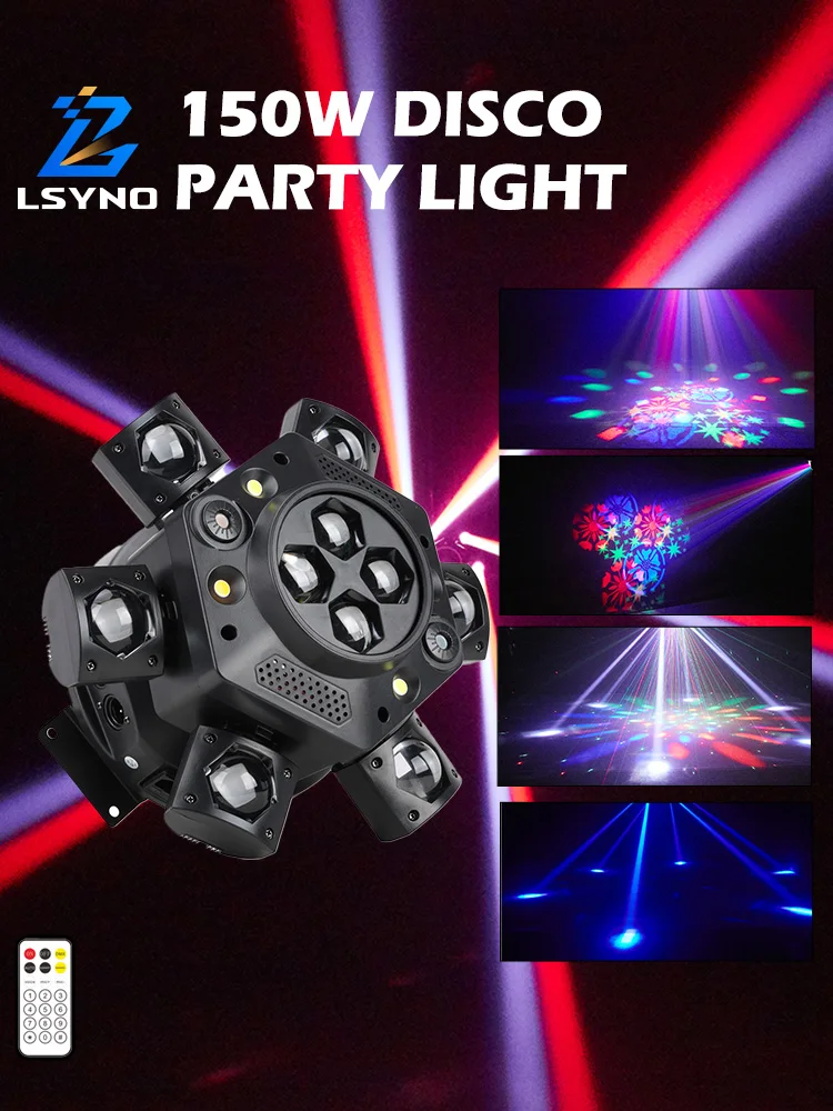 Lumière de scène à tête mobile 150W 6 bras Télécommande Rotation Lumières DJ DMX512 Mini faisceau LED Stroboscope pour fête Bar Événement