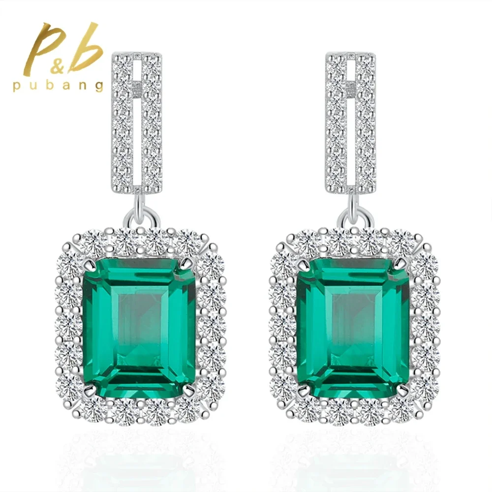 

PuBang Fine Jewelry 925 Sterling Silver 8*10MM Emerald Created Moissanite Drop Earrings for Women Anniversary Gift Free Shipping