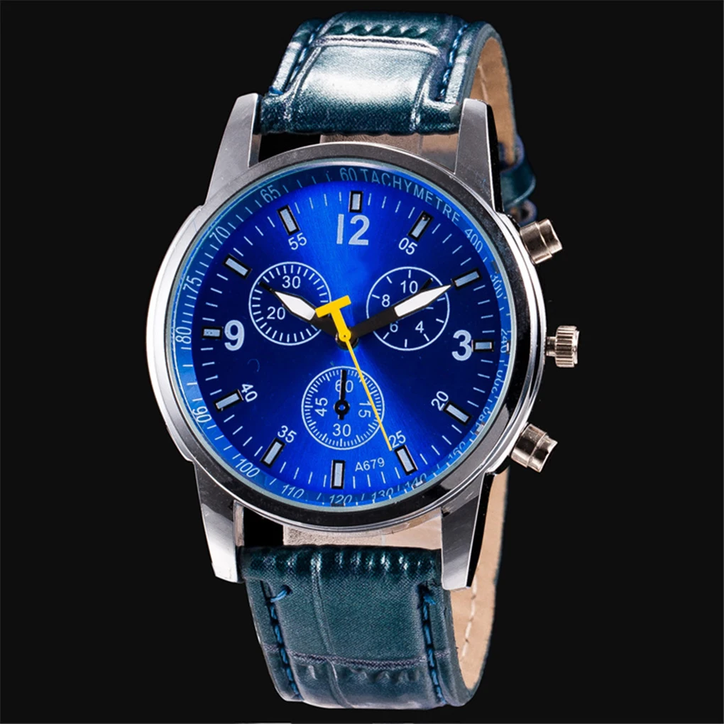 Men Analog Business Watch Leather Band Small Working Sub-dials Arabic Number Quartz Wristwatch