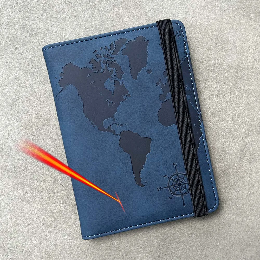 funda para pasaporte personalizada con bloqueo Rfid, brújula del mapa del mundo con banda elástica, soporte para pasaporte esencial de viaje