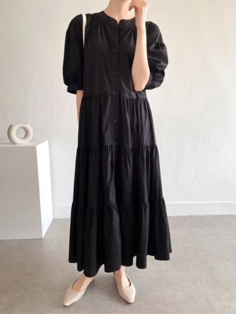 Sukienka damska letnia vintage oversize z bufiastymi rękawami, koreańska nowa, jednorzędowa, codzienna, luźna, długa sukienka damska, vestidos