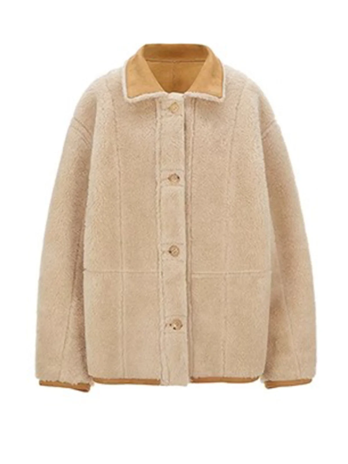 معطف نسائي ذو ياقة من فرو الضأن على الوجهين، معطف شتوي طويل من مزيج الصوف والبوليستر من الجلد والفراء J...