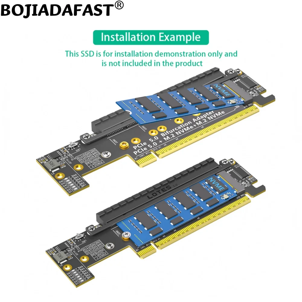 

Адаптер-карта PCI-E 5.0 16X (8X Speed) на 2* NGFF M.2 M-Key для SSD M.2 NVMe 2280 22110, поддержка разветвления PCIe X8x4x4