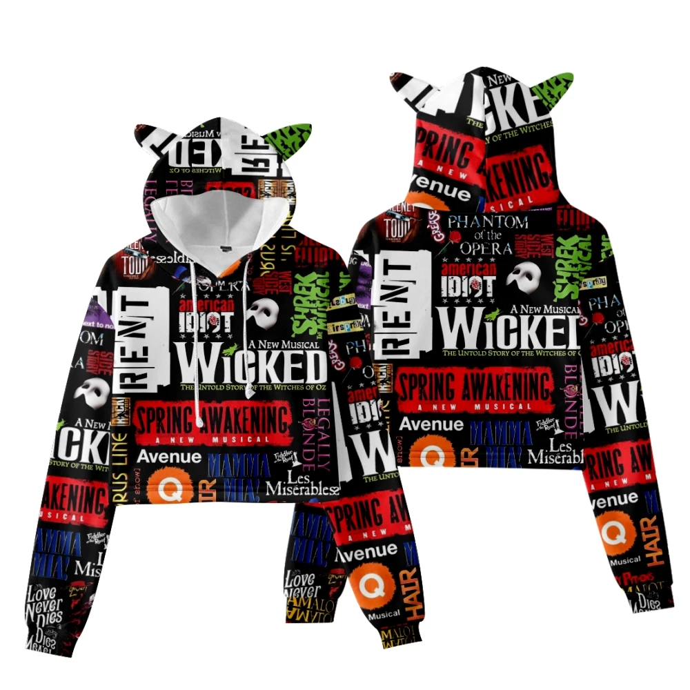 WICKED The Musical Elphaba 3D Print Crop Top Hoodie Women Harajuku Streetwear Hip Hop Kawaii Cat Ear Navel Cropped Sweatshirt