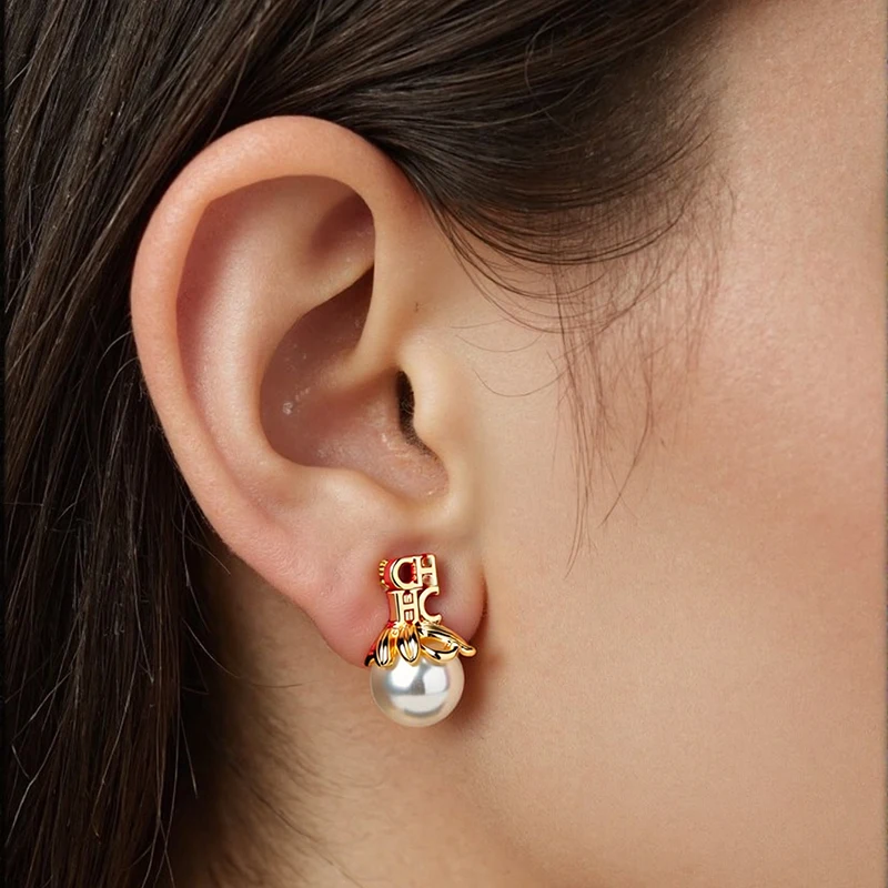 

CH Pearl Drop Earrings Gold Plated CH Monogram Vintage Elegant Stud Earrings For Women Daily Office Jewelry Gift