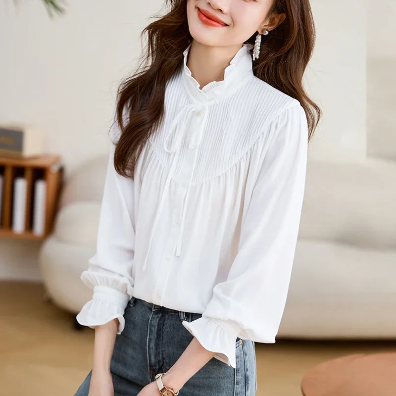 Casual Loose Sweet Flare Sleeves Lace Up Ruffled Collar White Shirt 2024 Spring Autumn New Chic French Lady Chiffon Blouse 31242