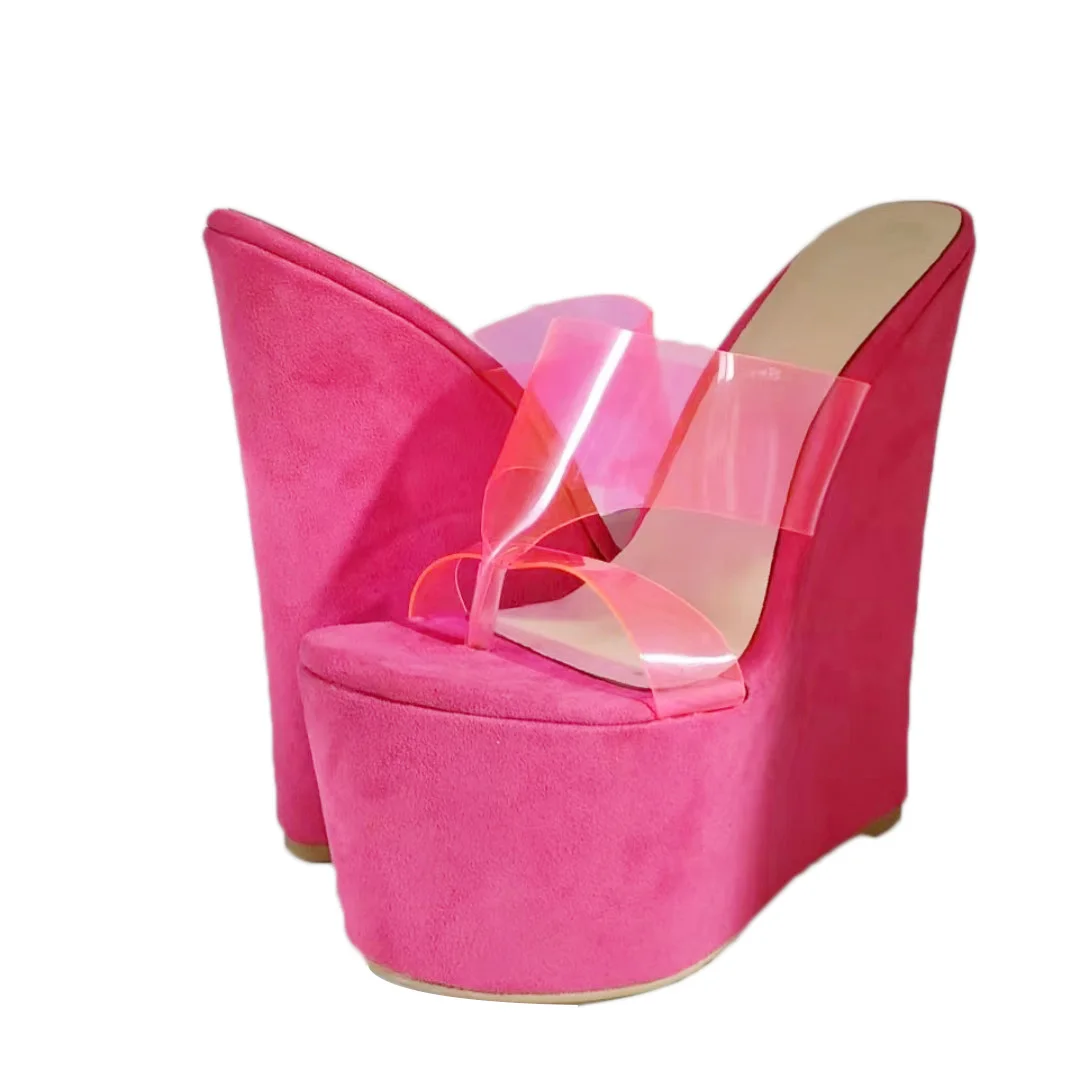 

DIZHUANG Fashionable women's high-heeled slippers. About 20cm heel height. Flip flops. Wedges pink slippers. Fashion show casual