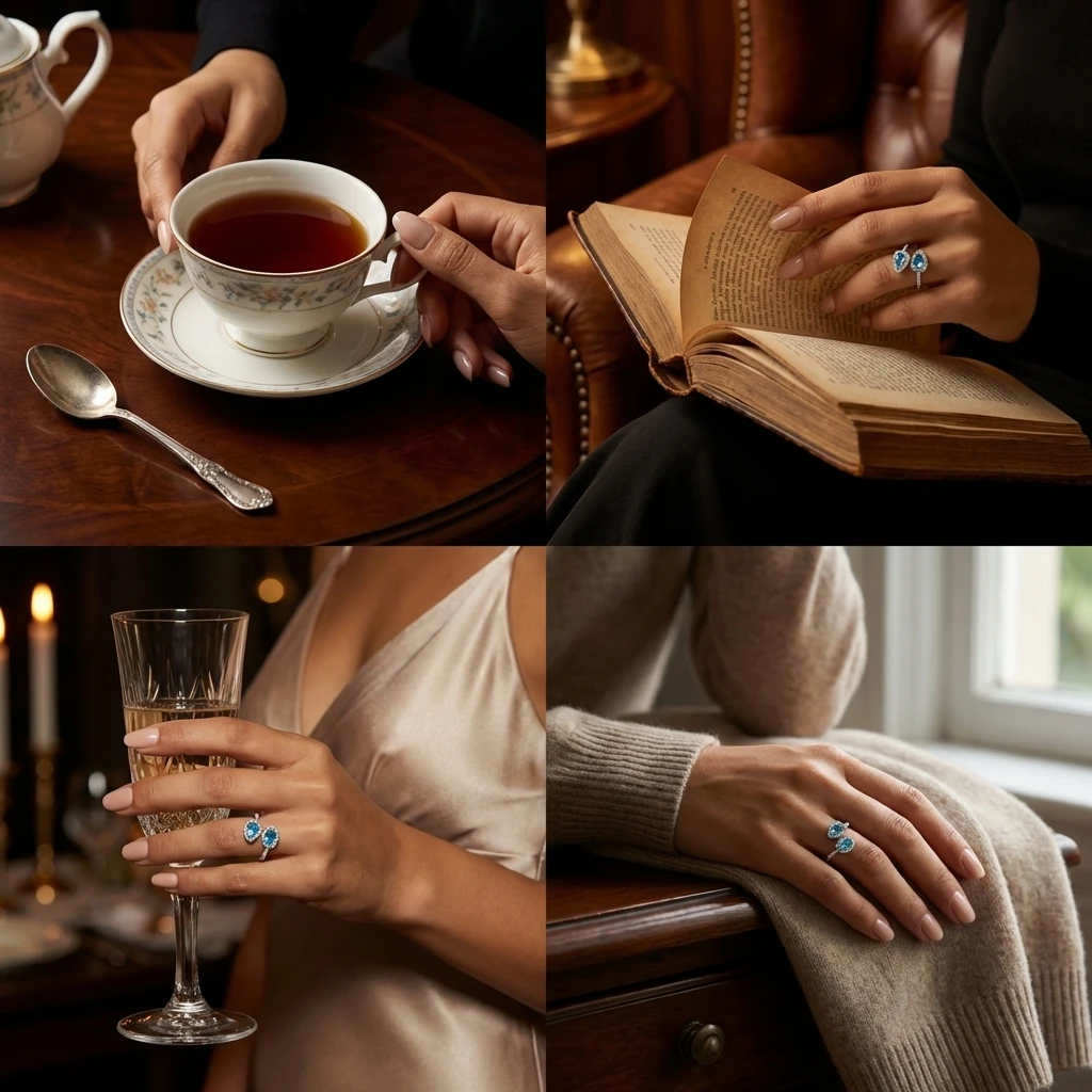 Eleganter Birnenförmiger Blauer Zirkon Bypass-Ring für Damen Kupfer Doppelstein-Halo Abend Cocktail Party Brillanter Statement-Schmuck – Detail 2