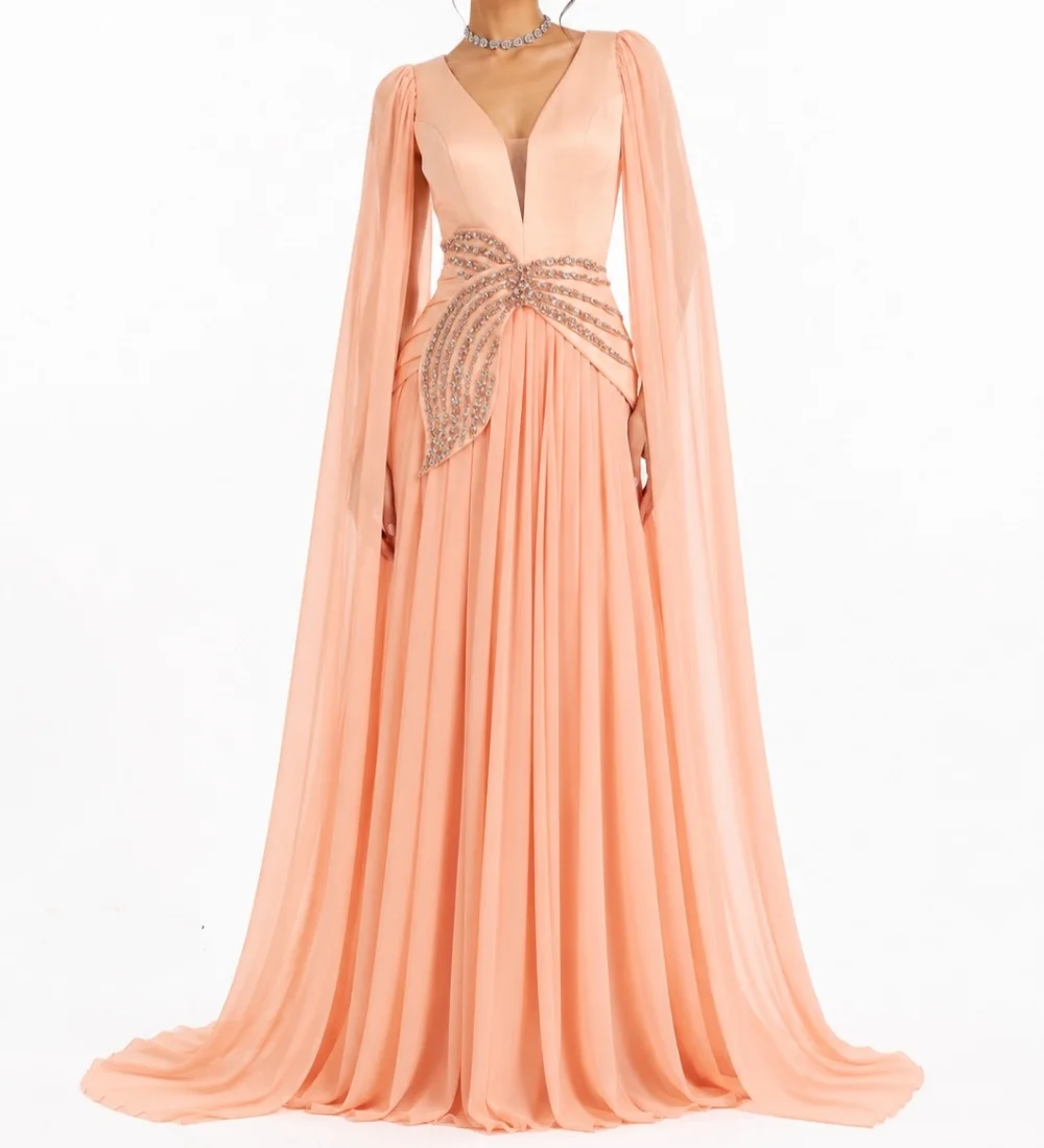 Customized Simple Chiffon Pleat Sequined Pattern A-line V-neck Long Quinceanera Bespoke Occasion Dresses Classic