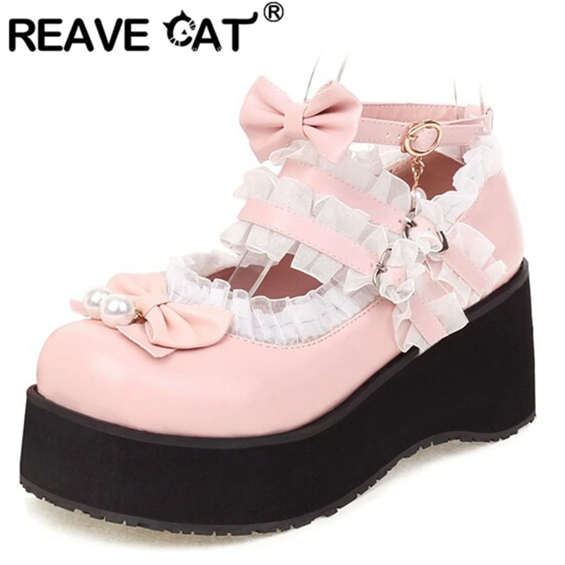 REAVE CAT Women Platform Pumps Round Toe Chunky Heels Buckle Strap Bowtie Pearls Sweet Lolita Big Size 33-48 Black Spring S3269