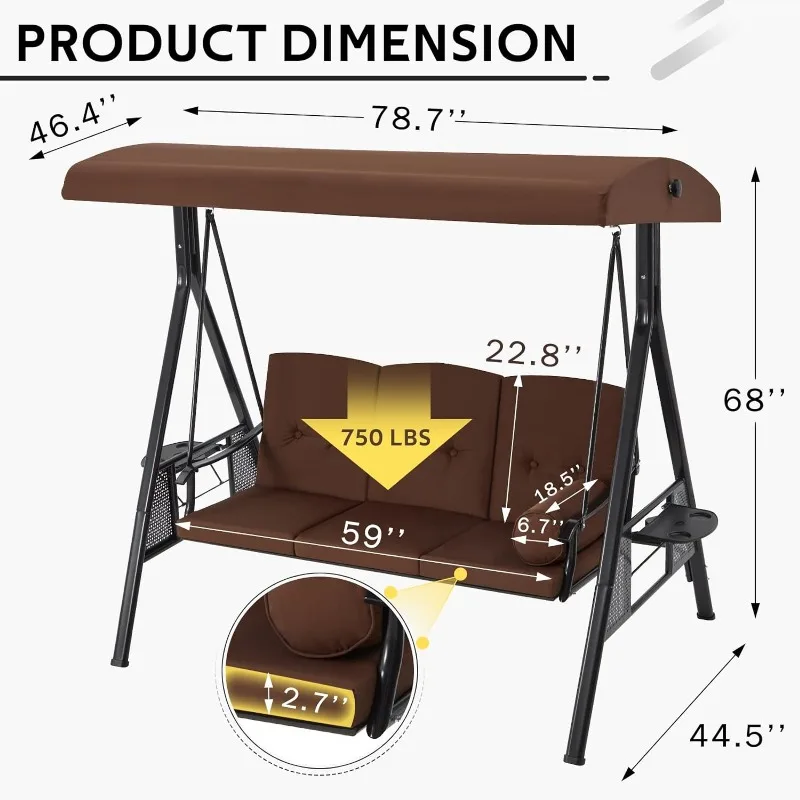 3-Seat Porch Swing Chair Steel Frame, Patio Swing Chair with Stand and Removable Cushions,Outdoor Canopy Swing Chair for Outside