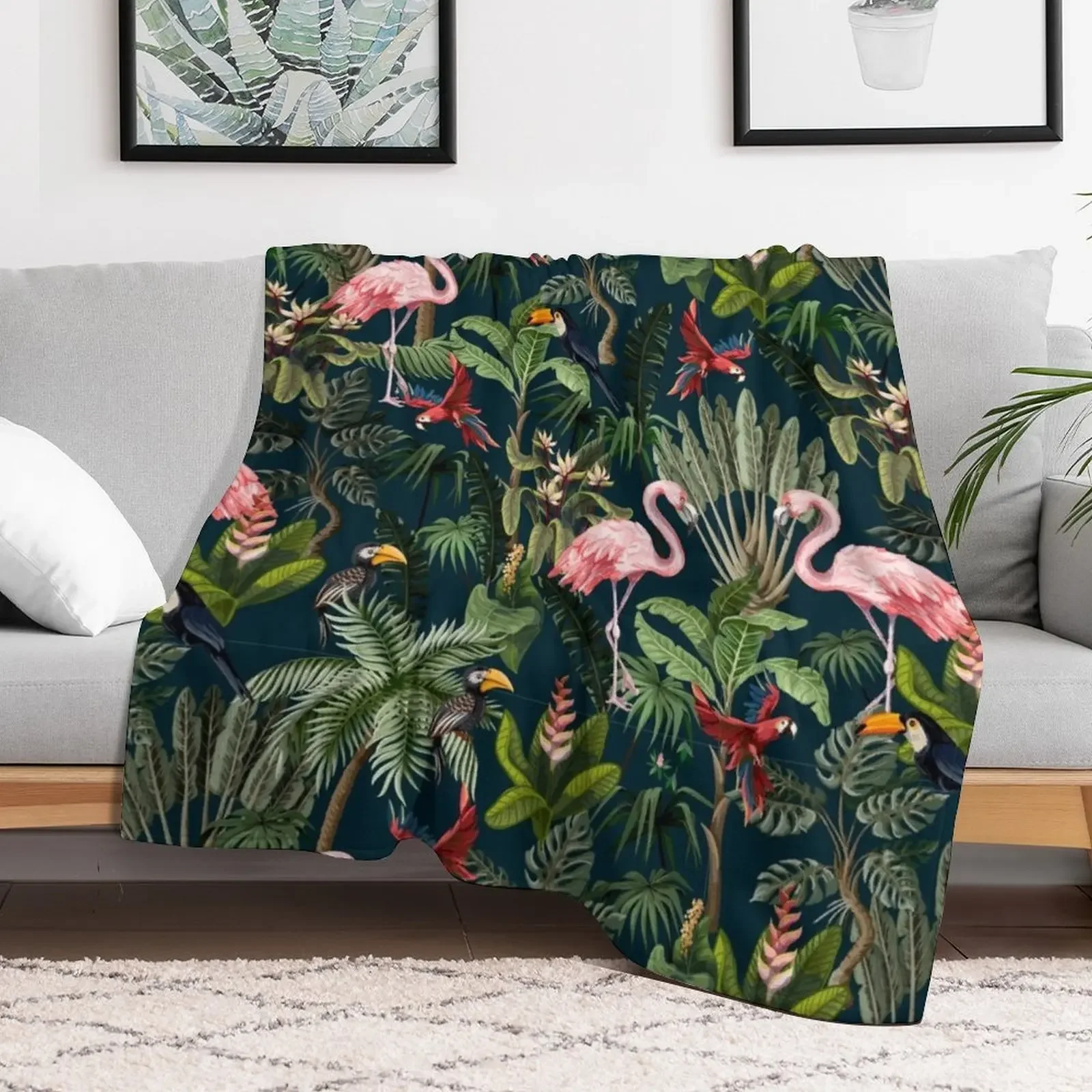 Jungle pattern with toucan, flamingo and parrot Throw Blanket Multi Purpose Soft Warm Blanket for Home Travel
