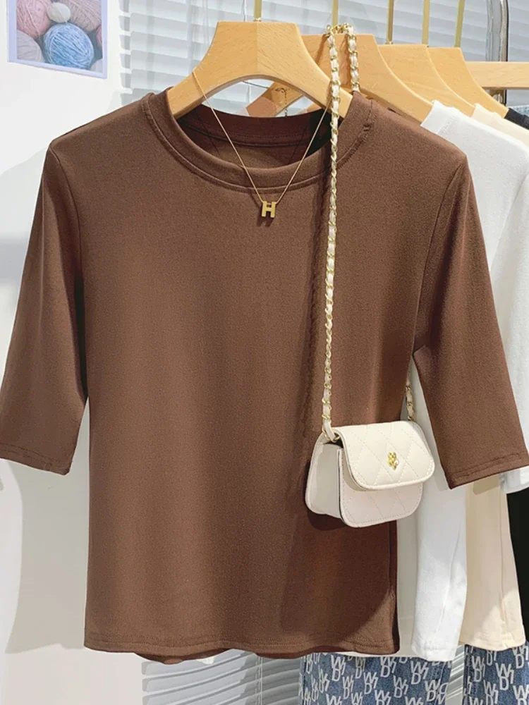 

Лето 2023, женская футболка из 100% хлопка, базовые топы с круглым вырезом, модные однотонные женские топы с короткими рукавами, рубашки