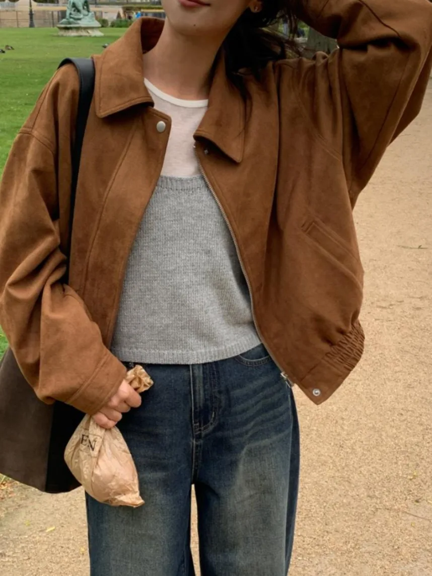 Retro Kurtka Motocyklowa z Zamkiem Błyskawicznym, Luźny Krój, Zamszowa, Długa, Elegancka Odzież Wierzchnia Damska na Jesień i Zimę, Idealna do Dojazdów do Pracy