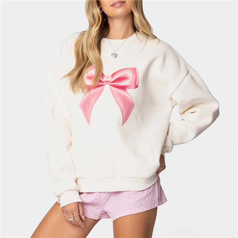 Women's O-Neck Hoodie Cute Bow Print Loose Long Sleeved Sweatshirt Woman Casual Tracksuit Pullover Top Fashion Streetwear