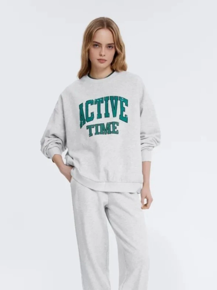 Bluzy Retro z Zielonymi Literami ACTIVE TIME Jasnoszare Jesienne Bluzy z Długim Rękawem Oversize z Okrągłym Dekoltem Pulower Młodzieżowe Damskie Sportowe Hip Hopowe Top