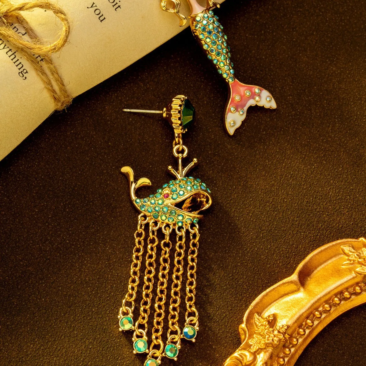 Gold Asymmetric Mermaid Whale Earrings Green AB Rhinestone Enamel Tassel Chain Retro Ocean Statement Ear Jewelry for Women Gift