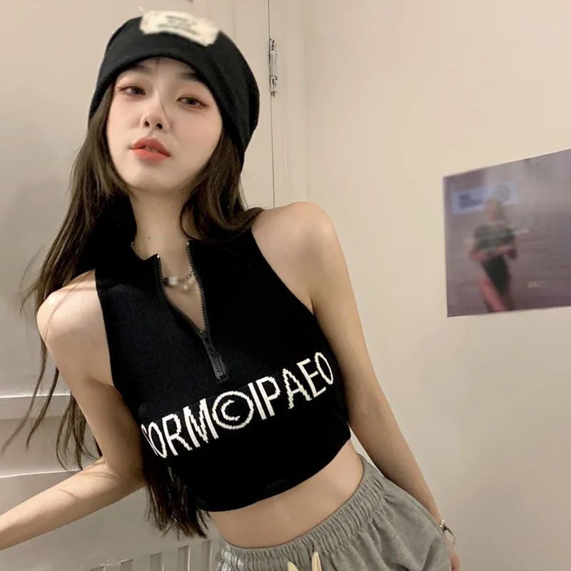 Slim Casual Letter Print Exposed Navel Knitted  Tank Tops Women's Camisole Y2K 