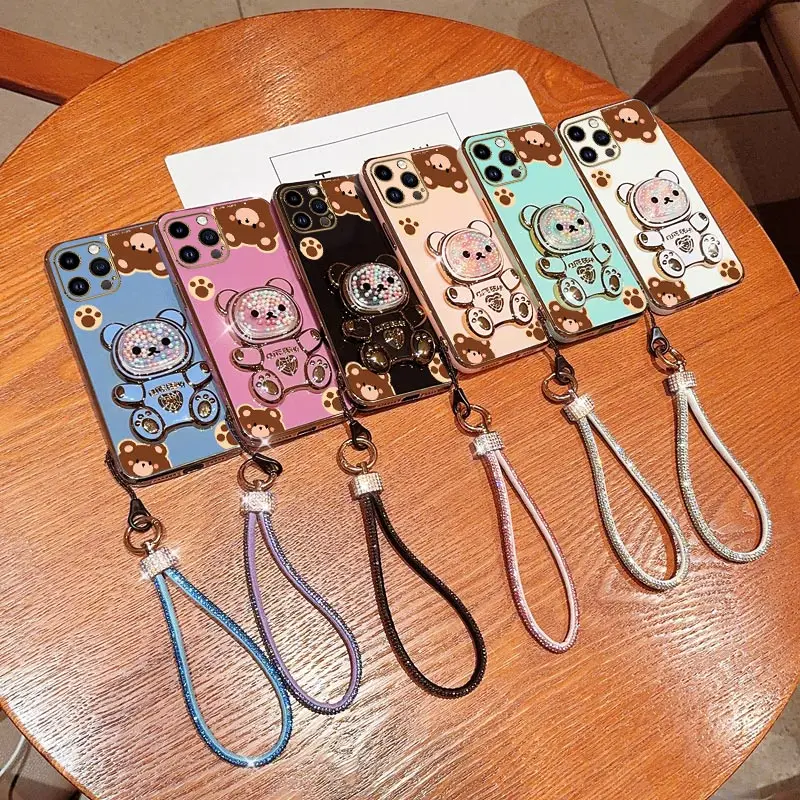 Diamond Wrist Strap Lanyard Cute Bear Phone Holder Case For iPhone 16 15 14 13 12 11 Xs Pro Max Mini X XR Plus Stand Back Cover