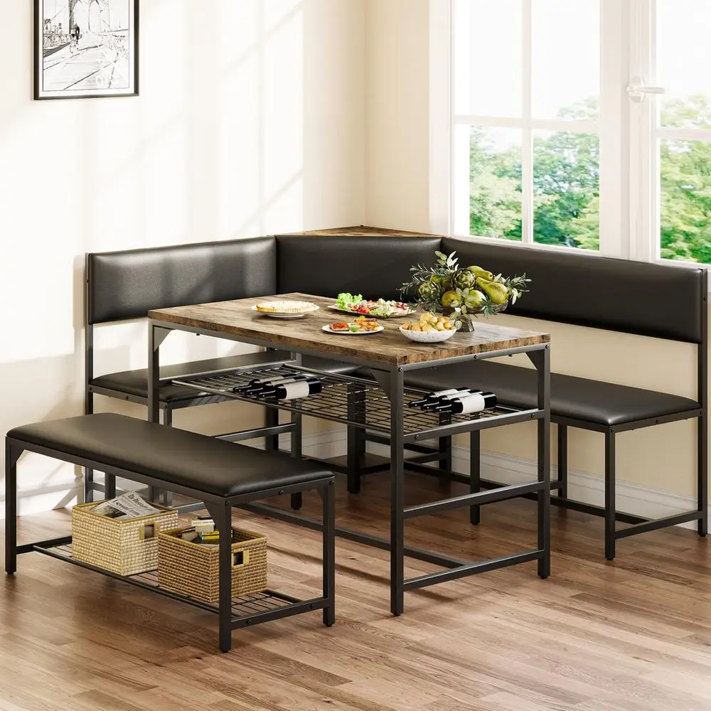 Juego de Mesa de Desayuno para Cocina con Asientos Acolchados, Juego de Mesa de Comedor de Esquina para 4-6 Personas, Juegos de Comedor para 4, Ahorro de Espacio