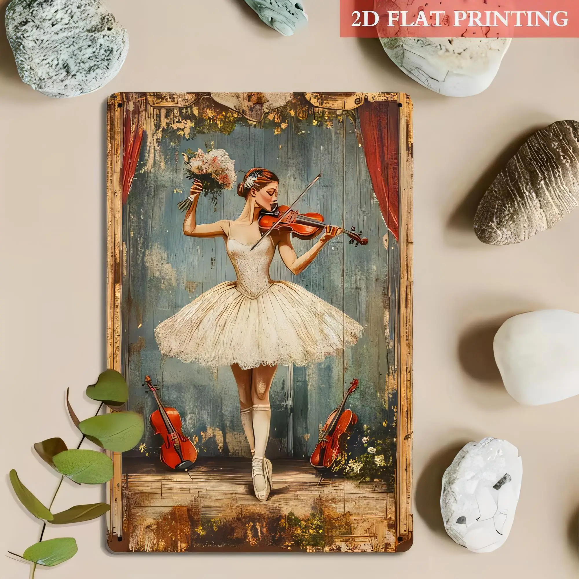 Tin Sign Violin Ballerina Dancer Vintage Metal Poster 2D Flat Printing Wall Art Decor for Music Room Studio Dance Theater Home O