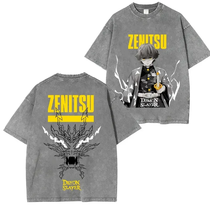 

Summer Men's Washes T-shirts Japanese Anime Demon Slayer Zenitsu Graphic Clothing Harajuku Y2K Tees Oversized 100% Cotton Tops