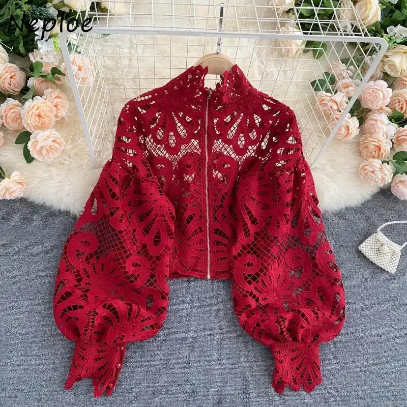 Neploe Fashion Chic Lantern Long Sleeve Blouses 2024 Fresh Sweet Zip Short Blusas Sexy Lace Hollow Out Stand Collar Women Shirt