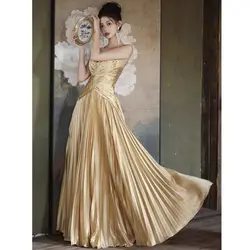 Elegant Golden Strapless Evening Gown for High-End, Light-Luxury, Niche, Aristocratic-Like Banquet Hosts, Graduation Ceremonies