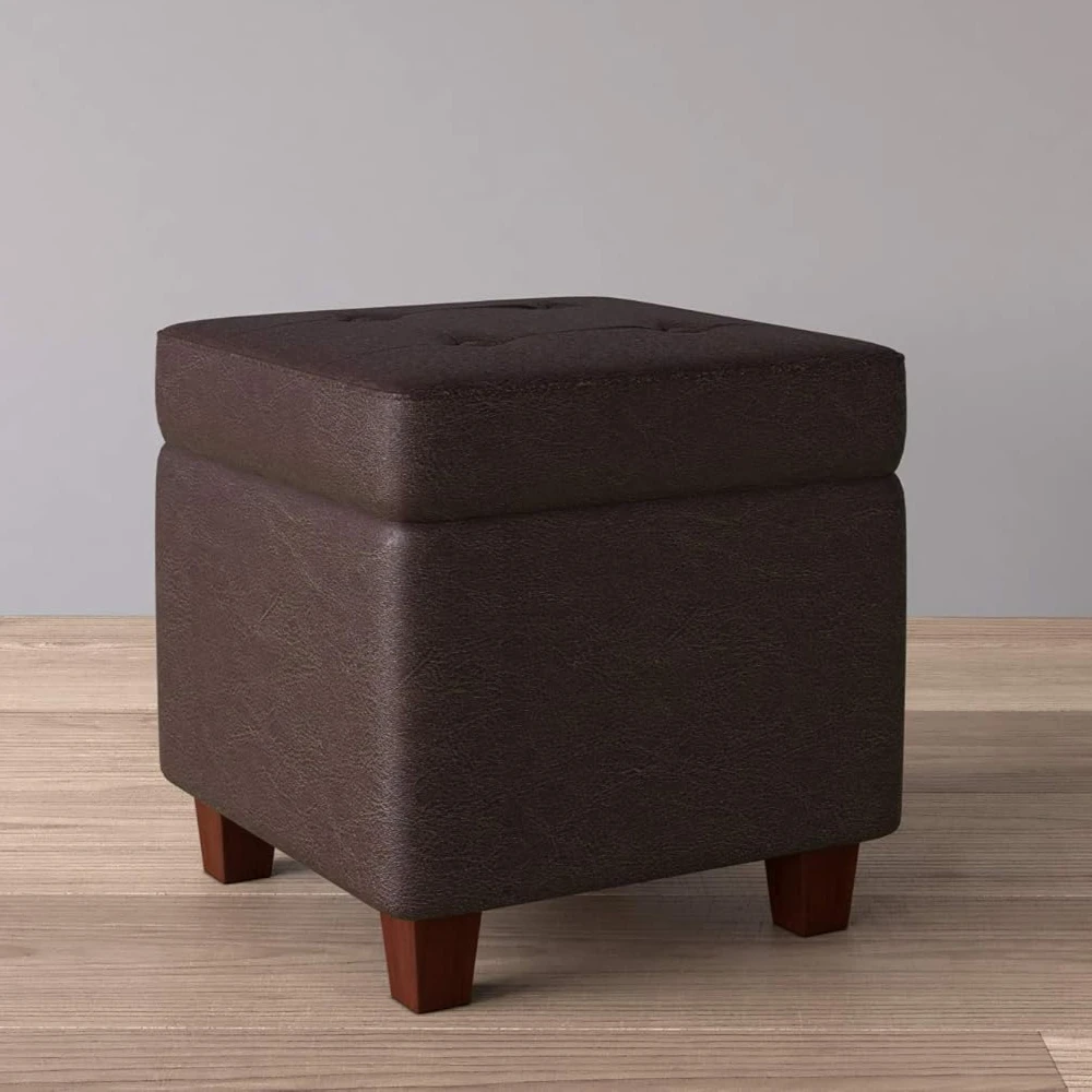 Leatherette Tufted Square Storage Ottoman with Hinged Lid, Brown Small 17.5