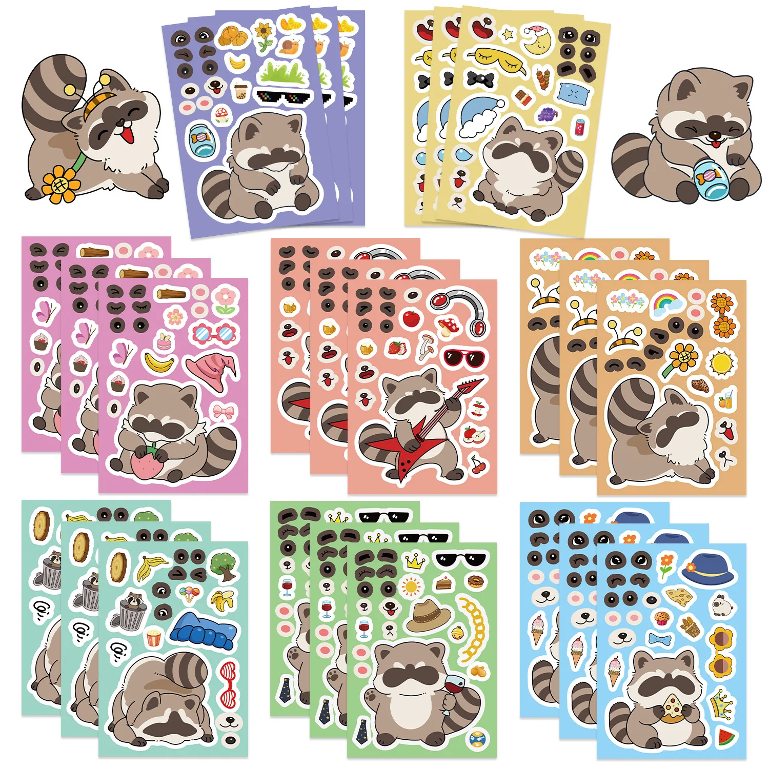 8-Pack Cartoon Raccoon Make a Face Toy Puzzle Stickers for Phone Tablet Notebook Stationery Waterproof Decor Decals