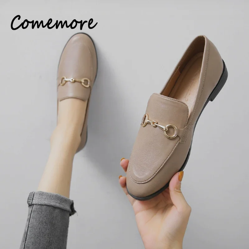 Comemore 2026 Spring Women Slip on Loafer Spring Fashion Ladies British Metal Flat Shoes Pumps Female Green Casual Leather Flats view 4