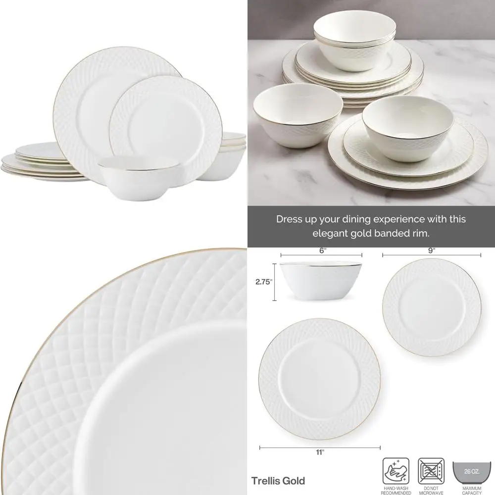 

Mikasa Trellis Gold Rim Bone China, легкий и устойчивый к сколам, набор столовой посуды из 12 предметов на 4 шт.