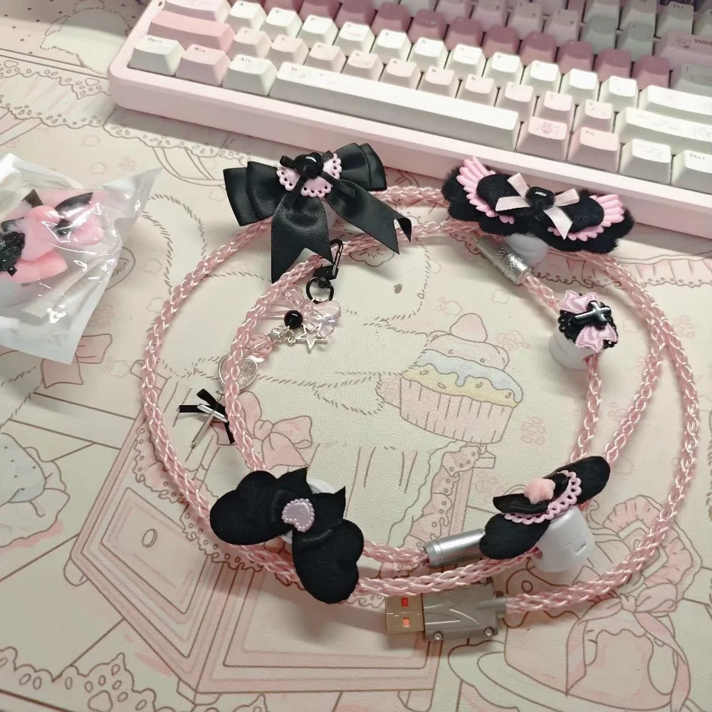Black Pink Aviation Plug Cable Luminescent Single Precision Copper Braided Wire 8k Return Rate Type-c Port 1.3m DIY Data Cable