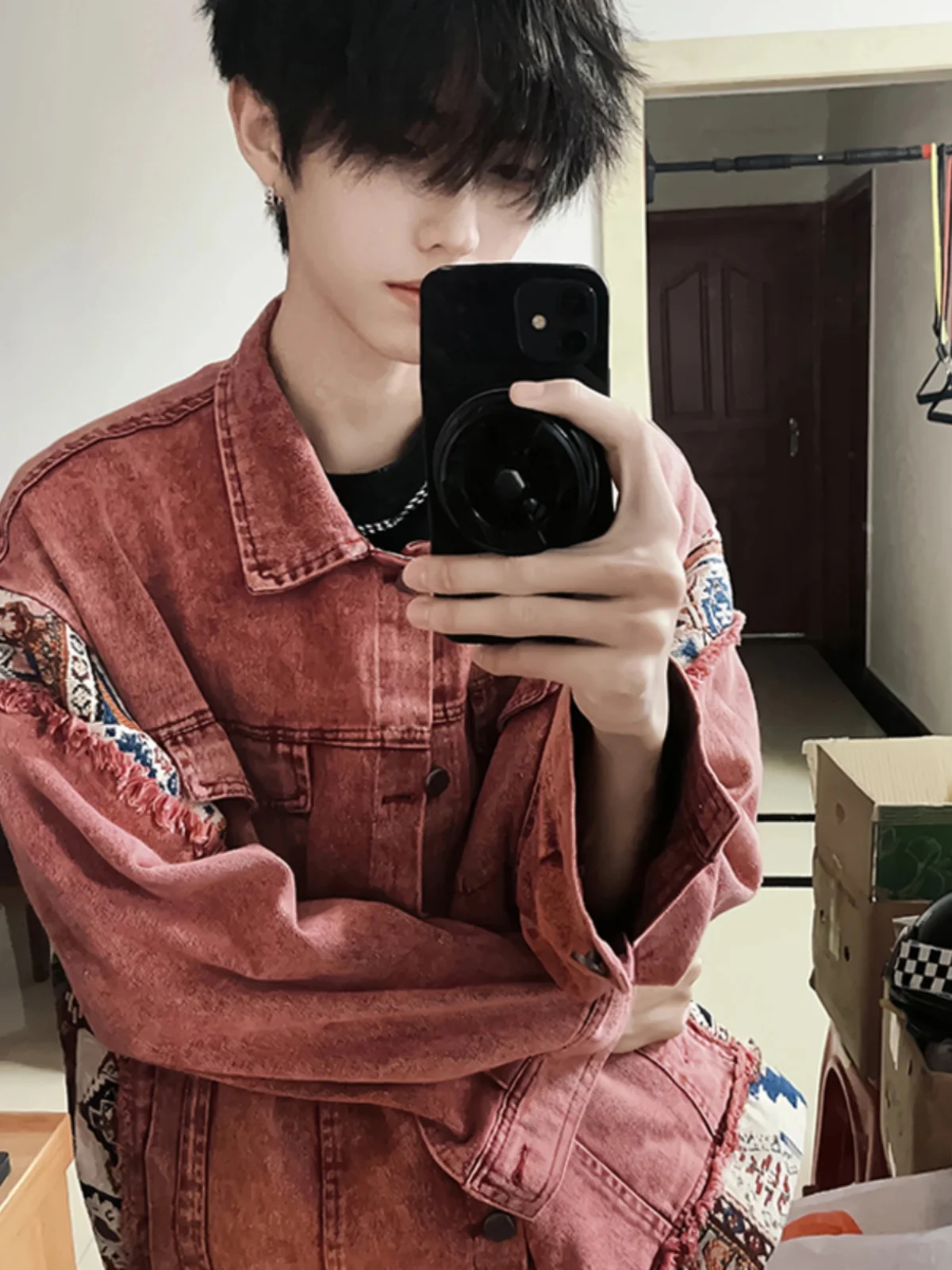 

Red Patchwork Denim Jaet Men's Autumn Winter American Retro Waed Workwear Jaet Trendy Street Sle Loose Fit Youthful