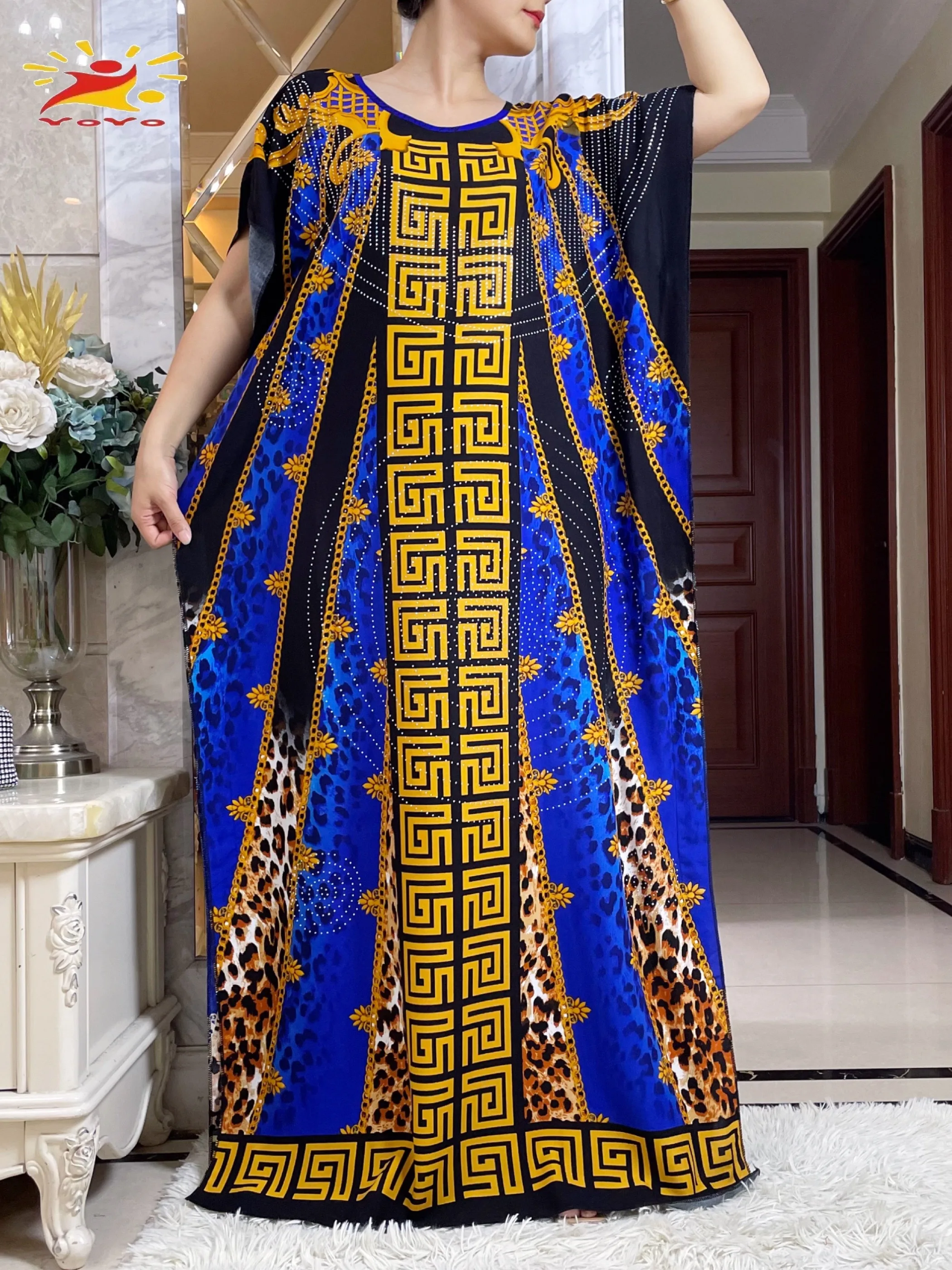 New Summer Short Sleeve Women\'s Dashiki African Traditional Kaftan Cotton Floral Dress Printed Casual Loose Robe With Big Scarf