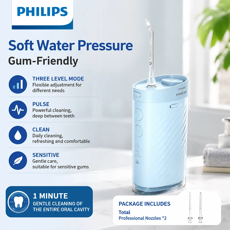 Philips HX3333 Cordless Water Flosser 0.79mm Soft Tip 3 Modes Pulse Clean Sensitive Portable Dental Oral Irrigator With Nozzle