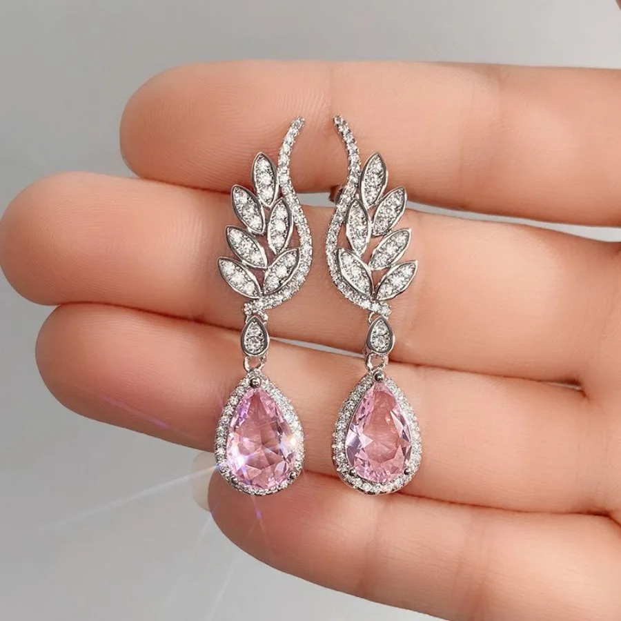 

Luxury 925 Silver Plated Feather Micro Paved Zircon Pink Gemstone Teardrop Earrings For Women Wedding Romantic Jewelry