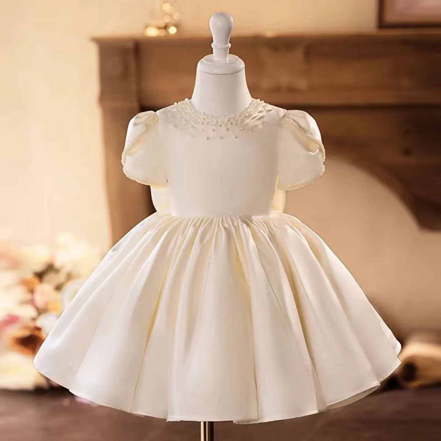 

Jill Wish J488 Elegant Off White Pearls Bow Flower Girl Dress Knee Length Princess Kids Wedding 1st Birthday Party Holiday Gown